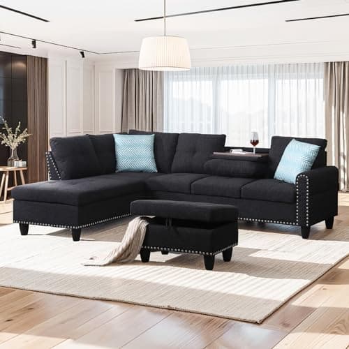 EMKK Sectional Sofa with Ottoman, Living Room Furniture Set, Left Facing Chaise, 2 Cup Holders,Comfy Upholstered Modular Sofa&Couch Corner Couch for Apartment Office