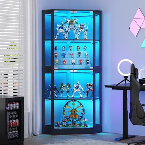 Gyfimoie Corner Display Cabinet with Multi-Color LED Lights, Modern Curio Cabinet with Glass Doors, 4 Tier Glass Display Case for Toys, Books & Other Collectibles 6