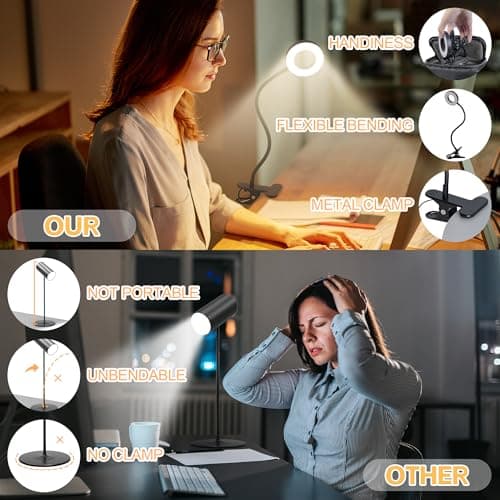 Foneso Desk Lamp Clip on Light, 48 LED USB Lamp with 3 Color Modes 10 Brightness Levels, 360° Flexible Gooseneck Eye Protection Bed Night Light for Reading, Makeup, Craft (Black) 6