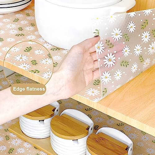 Shelf Liner, Waterproof Refrigerator Liner, Drawer Liners for Kitchen Cabinet, Bathroom Sink Mat No Slip Cupboard Mats Non Adhesive Fridge Liner EVA Place Mats Roll - Leaf Daisy 17.7"×78.7" 6