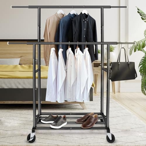 Fishat Stand Portable Black Double Rods Garment Rack with Rolling Clothes Organizer on Lockable Wheels Mobile, 48" W x 15" D x 67" H, Metal Simple Hanging Clothes with 2 Hook 2