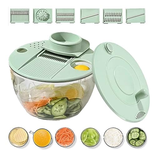 Multi-Use Large Salad Spinner,Mandoline Vegetable Fruits Wash Bowl with 5 Blade Slicer with Dicer,Pasta Fries Spin Dryer,Egg Yolk Strainer Colander and Built in Draining System for Fresh