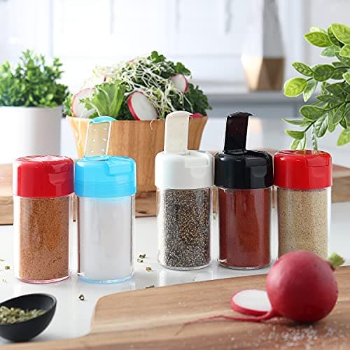 Set of 2 - Plastic Salt and Pepper Shakers with Hinged Lid, No Spill Lunch Bag Camping Picnic Moisture Proof Spice Dispenser, Seasoning Container Pourer w/Cover, 3.5 oz. 4