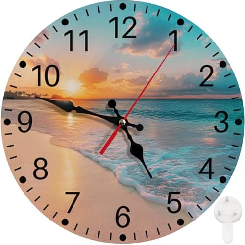 Britimes Round Wall Clock Non-Ticking Silent Battery Operated Clock 10 Inch, Sea Beach Blue Sky Sand Home Decor for Living Room, Kitchen, Bedroom, and Office