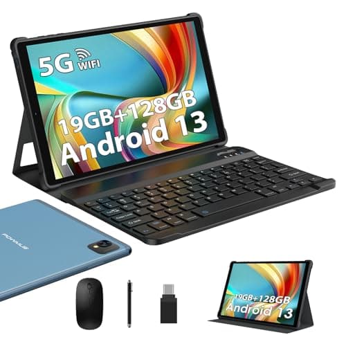 POWMUS 2025 Android Tablet, 10.1 inch Tablet with 128GB ROM,19GB RAM, 1TB Expand, 2.0GHz CPU, 1920 * 1200 Incell Screen, 8000mAh, 8+13MP WiFi BT5.0 GPS Android Tableta with Keyboard and Mouse - Blue