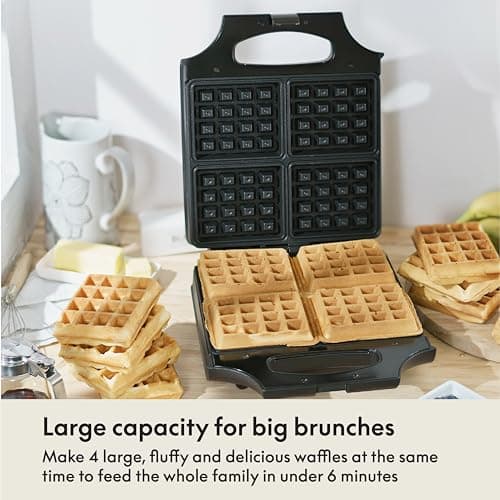 bella Waffle Iron - 4 Square Belgian Waffle Maker, Non-stick Extra Large Plates for Easy Cleanup - Compact Design, Stainless Steel, Black, 1400W 6