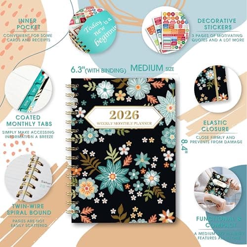 Ymumuda 2026 Planner, Daily Weekly and Monthly Planner，Jan 2026 - Dec 2026, 8.4" x 6.3", 2026 Calendar Planner Book with Tabs, Spiral Notebook with Inner Pocket for Office Home School Supplies 5