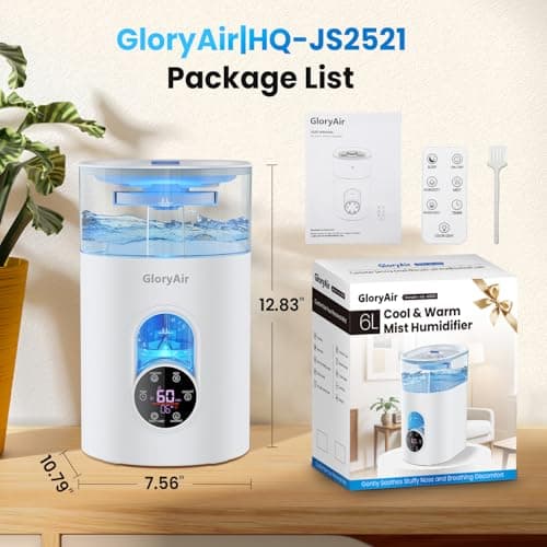 Humidifiers for Bedroom Large Room Home - GloryAir 6L Quiet Top Fill Cool & Warm Mist Humidifier with Smart Humidity Control, Remote Control, 7-Color Light, Humidistat, Oil Diffuser for Plants & Baby 7