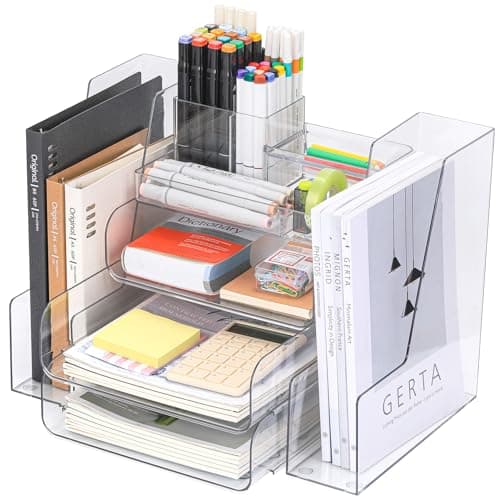 CiWiVOKi Desk Organizer with 2 Vertical File Holder, 4 Tier Stackable Paper Letter Tray File Organizer with 5-Compartments Pen Holder, Clear Desktop Organizer Office Organization and Storage 8