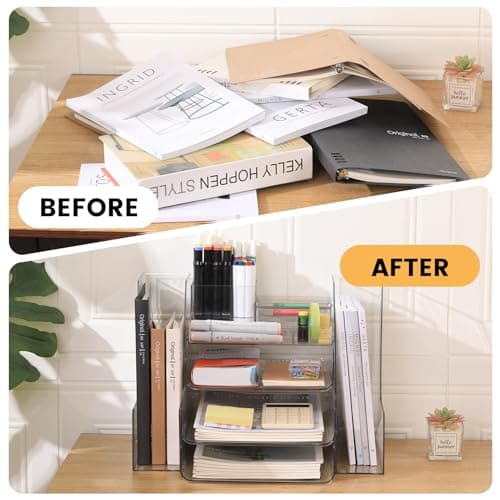 CiWiVOKi Desk Organizer with 2 Vertical File Holder, 4 Tier Stackable Paper Letter Tray File Organizer with 5-Compartments Pen Holder, Clear Desktop Organizer Office Organization and Storage 7