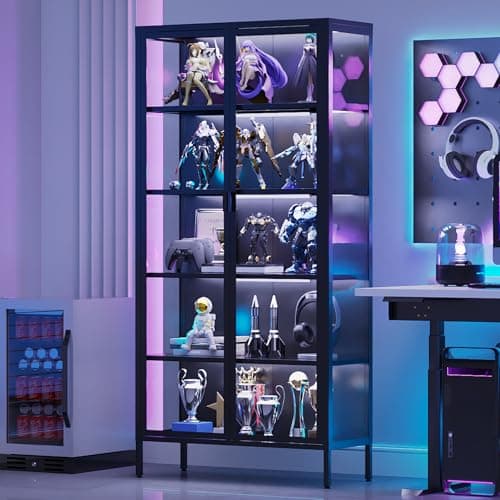 Eltean 71" H Display Cabinet with Glass Doors, 5 Tiers Curio Glass Display Cabinet with 3 Colors LED Sensor Light,Display Cabinets for Collectible with 4 Adjustable Shelves for Living Room,Bedroom 6