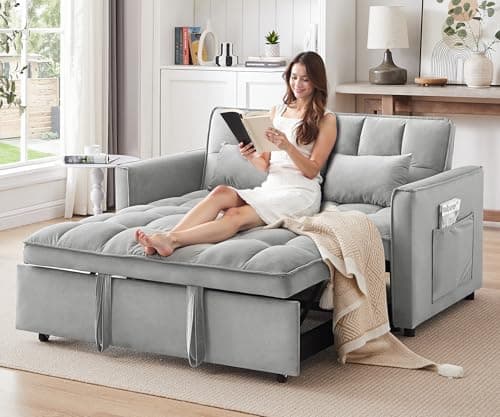 howcool 3 in 1 Convertible Sleeper Sofa Bed, Futon Couches for Living Room with Side Pocket | Adjustable Backrest | Velvet Fabric | Pull Out Couch | Small Loveseat | Sectional Sofa Bed, Grey