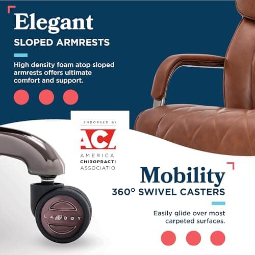 La-Z-Boy Symphony Executive Mid-Back Office Chair, Diamond Quilt Seat and Back, Pocket Coil Cushion, Padded Armrests, Ergonomic Computer DeskChair, Swivel Metal Base, Bonded Leather, Cognac/Graphite 9