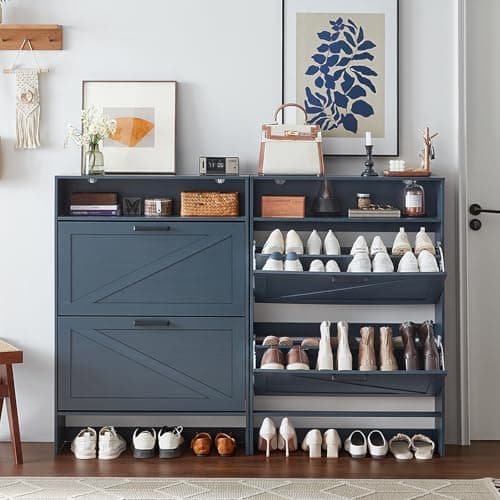 RWYHG Shoe Storage Cabinet with 2 Flip Drawers,Farmhouse Narrow Shoe Organizer with Legs,Freestanding Hidden Slim Shoe Rack Cabinet with Open Storage for Entryway,Hallway, Foyer, Blue 5