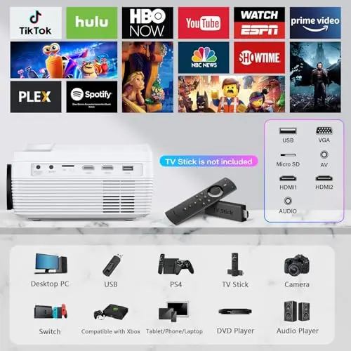 Full HD WiFi Bluetooth Projector Built in DVD Player, 12000LM 1080P Supported, Portable Mini DVD Projector for Outdoor Movies, 250" Home Theater, Compatible with iOS/Android/TV Stick/PS4/HDMI/USB/TF 6