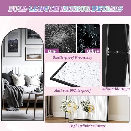 LadyNow Full Length Mirror, 71"x28" Arched Floor Mirror Freestanding, Floor Standing Full Body Mirror with Stand for Bedroom, Hanging Mounted for Living Room Cloakroom, Black 6