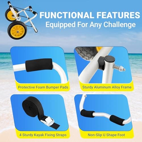 YES4ALL Kayak Cart U-Shape Aluminum, 200lbs Capacity Kayak Dolly with 4 Fixing Straps & Thick PU Wheels, Foldable Canoe Cart 5