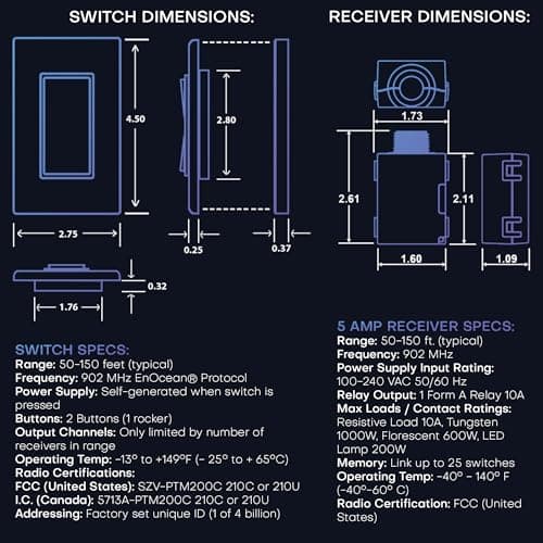 RunLessWire Single Pole Battery-Free DIY Wireless Light Switch Kit 150ft RF Range Self-Powered by Kinetic Energy for Fixtures & Outlets : 1 Remote Switch Controls 1 5A On/Off Receiver – White 8