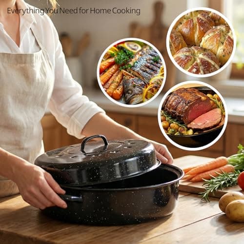 Turkey Roaster Pan 18in Roasting Pan With Lid Enamel Carbon Steel Roaster Pot with 16in Inner Diameter,18 Pound Large Capacity High Temperature Resistance Oval Cookware 5