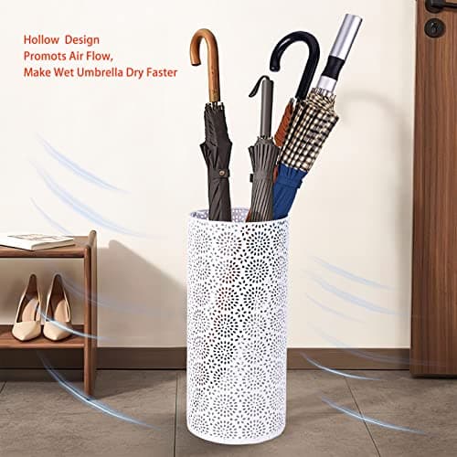 BEWBBAT Umbrella Stand Rack for Entryway, Free Standing Metal Umbrella Holder, Round Umbrella Organizer Bin with 3 Hooks for Long Short Umbrella, Walk Stick, Home Office Indoor, 17 x 7 Inch, White 9