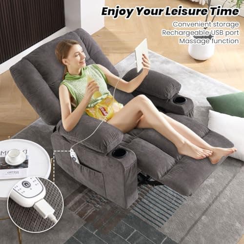 BOSMILLER Oversized Recliner Chair for Adults with Vibration Massage and Lumbar Heating Swivel Rocker Recliner with Cup Holder and USB Charge Port for Living Room 7