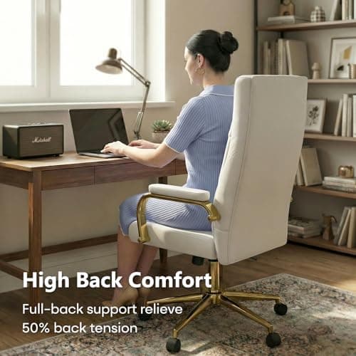 Genpo White and Gold Office Desk Chair Memory Foam, High Back Leather Executive Office Chair with Wheels and Arms for Women Girls Teens Adults 6