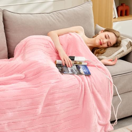 PTQ Premium Heated Throw Blanket 50"×60" - Ultra Cosy Soft Electric Blanket with 8 Heating Levels,Plush Fast Heating Faux Rabbit Fur Blanket for Bed & Couch - Auto Shut Off,Machine Washable (Pink) 7