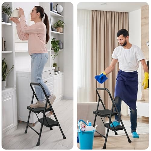 Step Ladder, Portable Steel Folding Step Stool with Wide Anti-Slip Pedal & Convenient Handgrip, 500lbs Sturdy Steel Ladder, 2-Step, Black 7