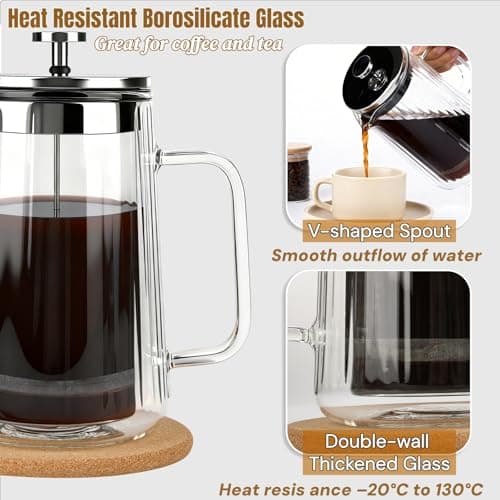 CHDEXU Glass French Press Coffee Maker 34oz, Double Wall Heat-Resistant Borosilicate Glass Coffee Press with Stainless Steel 4-Level Filtration, Also Fit for Tea 5