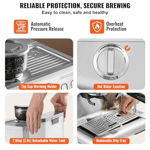 VEVOR Espresso Machine with Grinder, 15 Bar Semi-Automatic Espresso Coffee Maker with Milk Frother Steam Wand, Removable Water Tank & Pressure Gauge for Cappuccino, Latte, Machiato, PID Control System 6