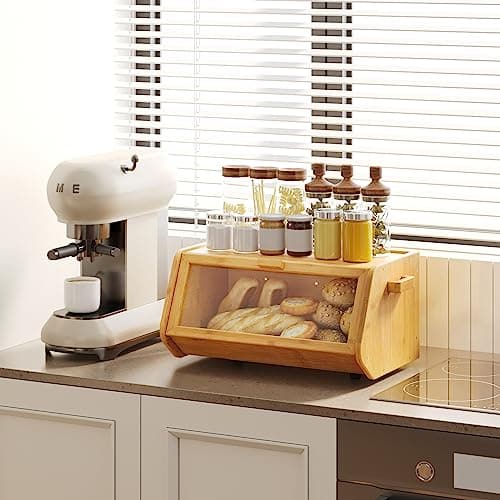 AMBIRD Bamboo Bread Box keep The Bread Fresh For Kitchen Counter-Large Capacity Wooden Bread Storage Container Farmhouse Bread Box with Window Bread Holder 5