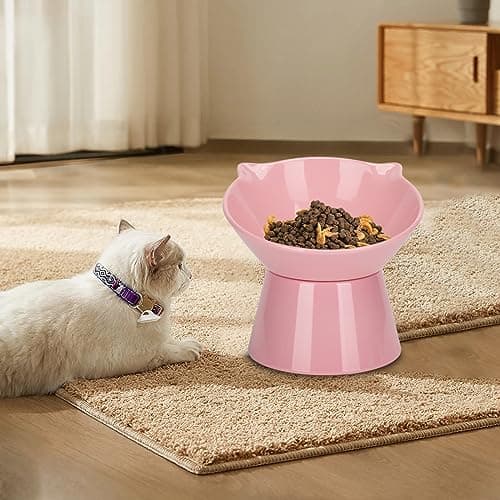 Detachable Elevated Cat Bowls, 15° Tilted Raised Cat Food Bowl Anti-Vomiting,Whisker Friendly, Adjustable Pet Dishes Extra Wide for Protecting Spine, Adult Kitten (Pink 7