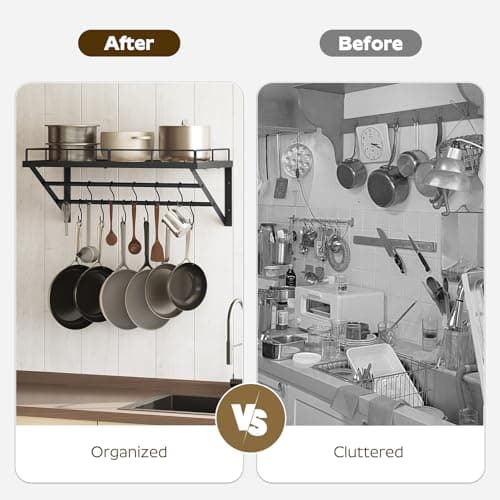 YATINEY Wall Mounted Pot Rack, 23.8 Inch Pot and Pan Organizer with 2 Tier Hanging Rails, 12 S-Hooks, Metal Pot Rack for Kitchen Cookware Organizer, Space Saving, for Kitchen Utensils, Black PR01BK 6