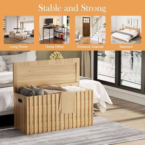 UEV Storage Bench,39.4" Wood Box, Storage Trunk with 2 Safety Hinges, Ottoman Storage Chest, Fluted Storage Bench for Bedroom, Entryway, Living Room(Natural Wood) 5