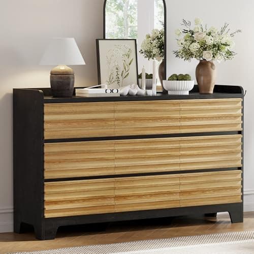 ANCTOR Fluted Dresser for Bedroom with 9 Drawers, 59" Wide Wood Chest of Drawers with 3 Hook and Elevated Tabletop, TV Stand with Drawers, Large Drawer Dresser for Bedroom, Living Room, Hallway, Black