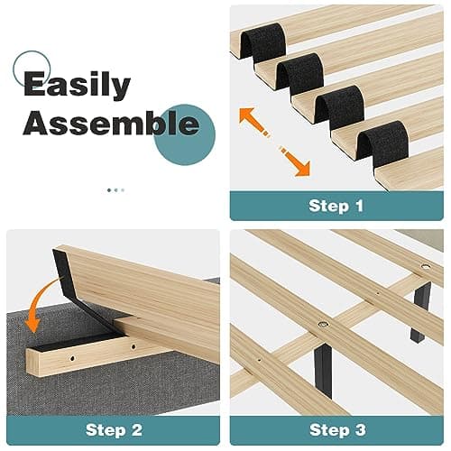 Lifezone Queen Bed Frame with Headboard,Linen Upholstered Bed Frame with Wood Slats Support,No Box Spring Needed,Heavy Duty Feet,Easy Assembly,Light Grey 5