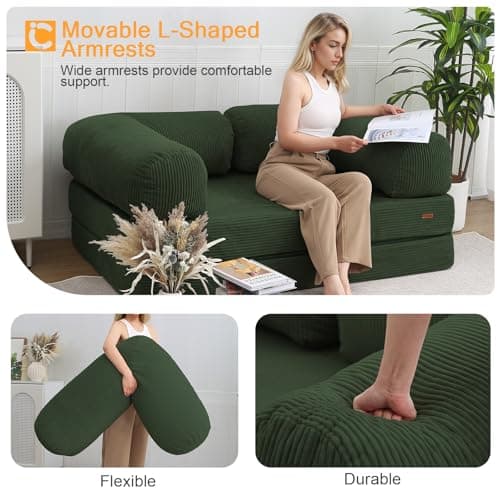 COMAX 4‑in‑1 Futon Sofa Bed Queen – Floor Foldable Convertible Sofa Couch with L‑Shaped Armrests, Removable Cover, Green Convertible Guest Bed | Space‑Saving Fold‑Out Mattress Lounge for Living Room 7