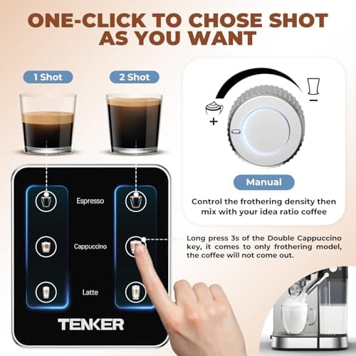 TENKER Espresso Machine 20 Bar, Cappuccino Machine with Automatic Milk Frother, Latte Machine in Stainless Steel Design, 1350W Touchscreen Coffee Maker for Home and Office (Silver) 6
