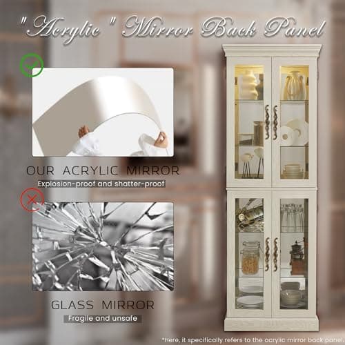 Lighted Curio Cabinet 71" Vintage Glass Display Case with Adjustable Shelves, 4 Tempered Glass Doors, Bulb Included, Wooden Wine Bar China Cabinet for Living Room Liquor Storage (Antique White) 8