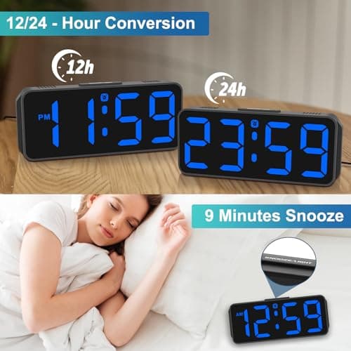 Peakeep Small Digital Alarm Clock Plug in for Bedrooms Bedside, Tiny Electric Clock Large Big Numbers Display with Battery Backup for Desk Table, 6 Dimmers, 5 Adjustable Alarm Volumes (Blue) 6