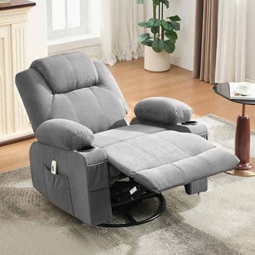 Weture Swivel Rocker Recliner Chair with Heat and Massage, 360 Degree Swivel Rocking Single Sofa with Cup Holders and USB Port, Big Oversized Recliner Chair for Living Room (Fabric, Light Grey) 7