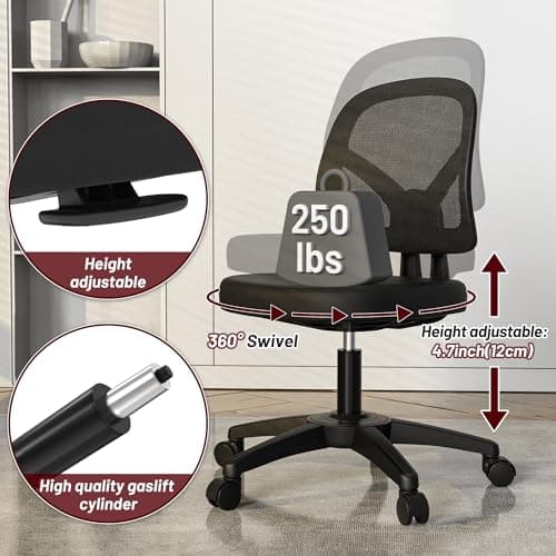 KOLLIEE Armless Mesh Office Chair Ergonomic Small Desk Chair No Arms Black Swivel Computer Chair with Wheels Task Chair for Small Spaces Mid Back Home Office Chair for Adults and Kids 6