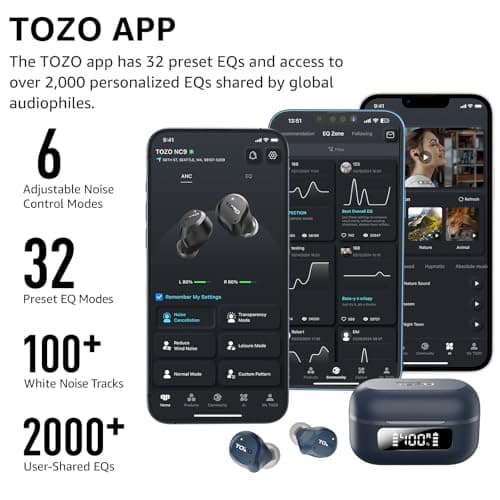 TOZO NC9 Hybrid Noise Cancelling Wireless Earbuds, Bluetooth 5.3 Ear Buds, 6 Mic ENC, IPX8 Waterproof, 60H Playtime, App EQ 6
