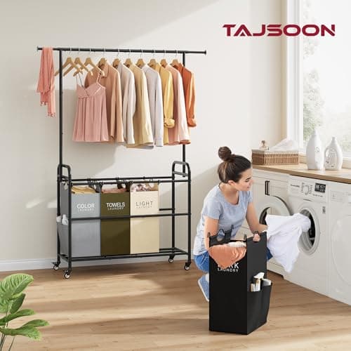 Tajsoon Laundry Sorter Cart with Hanging Clothes Rack, 4 Butler Sorter Basket Organizer, Laundry Hamper Cart with Heavy Duty Rolling Lockable Wheels, 4 Colors 2