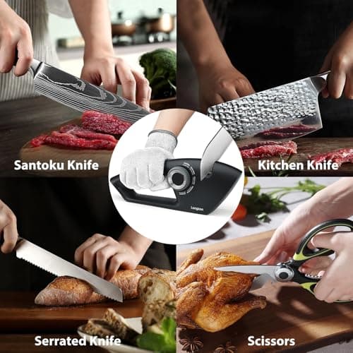 Longzon 6-in-1 Knife Sharpener 5 Stage for Serrated Knives, Scissors with Cut-Resistant Glove,Original Premium Polish Blades,Best Kitchen Knife Sharpener Repair & Restore Pocket Knife, Chefs knife 7