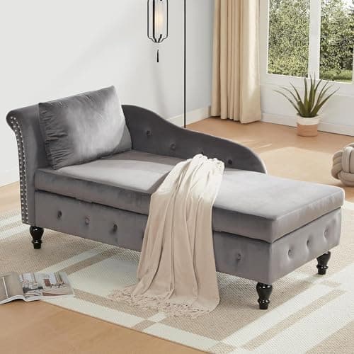 Bellemave Chaise Lounge Indoor with Storage, Upholstered Chaise Lounges Couch with Pillow for Living Room, Modern Nailhead-Trimmed Tufted Lounge Chair, Bedroom and Office(Dark Gray)