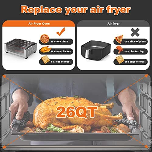 Geek Chef Air Fryer Toaster Oven 26 QT, Large AirFryer Convection Countertop Oven Combo with Easy Bake, Roast, Broil, Warm, 6 Slice Toast 7-in-1 Functions, 3 Layers with 4 Accessories,Stainless Steel 5