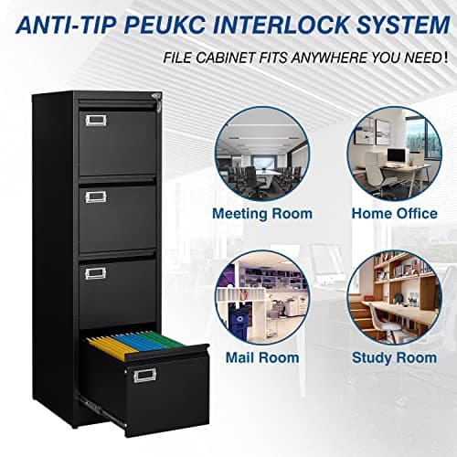 PEUKC 4 Drawer File Cabinet, Vertical Filing Cabinets with Lock, Metal File Cabinets for Home Office, Anti-Tip 4 Storage Drawers for Letter/Legal/A4/F4 Size (Assemble Required, Black) 6