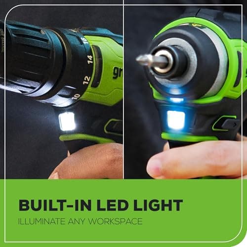 Greenworks 24V Brushless Cordless Drill and Impact Driver,Power Tool Combo Kit Included 1/2”Drill & 1/4”Hex Impact Driver and (2) Batteries, Fast Charger, 2 pcs Drill Bit Set & Bag 7