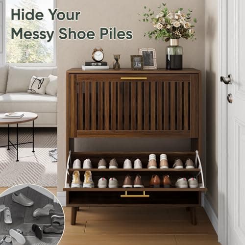 Smart FENDEE 31.5" W Shoe Cabinet Storage for Entryway with 2 Flip Drawers, Shoe Cabinet with Slatted Panel, Hidden Shoe Rack Freestanding Slim Shoes Organizer for Hallway, Entrance, Walnut 5